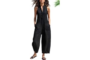 Women's Minimalist Linen Blend Button-Up Stand-Collar Sleeveless Loose Jumpsuit Casual One Piece Outfit with Pockets