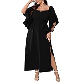 SCOMCHIC Women Plus Size Wedding Guest Maxi Dress Square Neck Ruffle 3/4 Sleeve Belted Slit A Line Formal Long Dresses