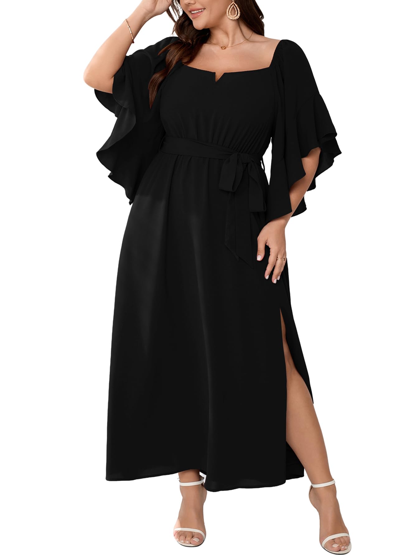 Photo 1 of (used) SCOMCHIC Women Plus Size Wedding Guest Maxi Dress Square Neck Ruffle 3/4 Sleeve Belted Slit A Line Formal Long Dresses Black