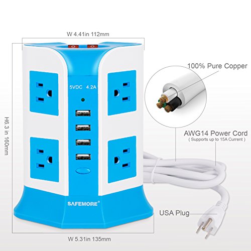USB Power Strip Surge Protector Multi Electrical Outlet 8 Outlet 4 USB Port with 6.5 Feet Long Cord 2100 Joules Surge Suppressor Protection Vertical Socket for Home and Office-Safemore(White + Blue) - Thumbnail 3