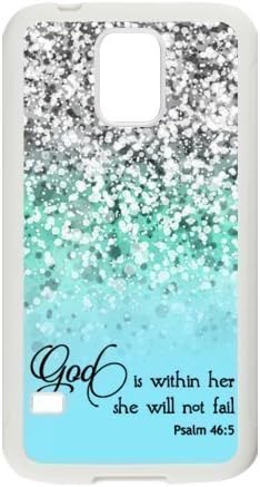 Samsung Galaxy S5 SV Case Cover - God Is within Her, She Will Not Fail Psalm 46:5 - Bible Verse Blue Sparkles Glitter Samsung Galaxy S5 SV TPU (Laser Technology) Case Rubber Sides Shell