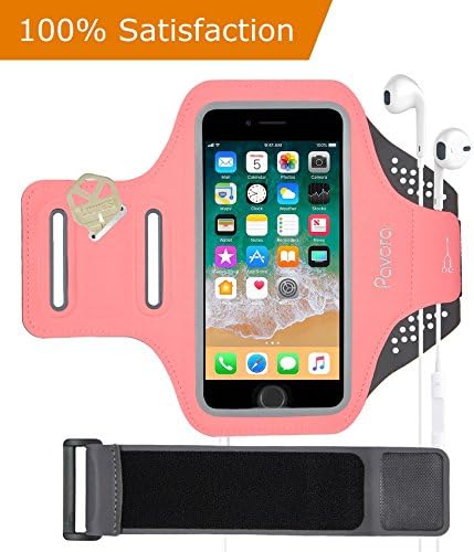 Phone Armband, Pavora iPhone Armband for iPhone 8 Plus 7 Plus, 6 6S Plus, Water Resistant Fingerprint Access Card Holder, Free 6" Extender fit arm size 10"-21", Fits 5.2"-5.8" smart phone (Pink 6.0")