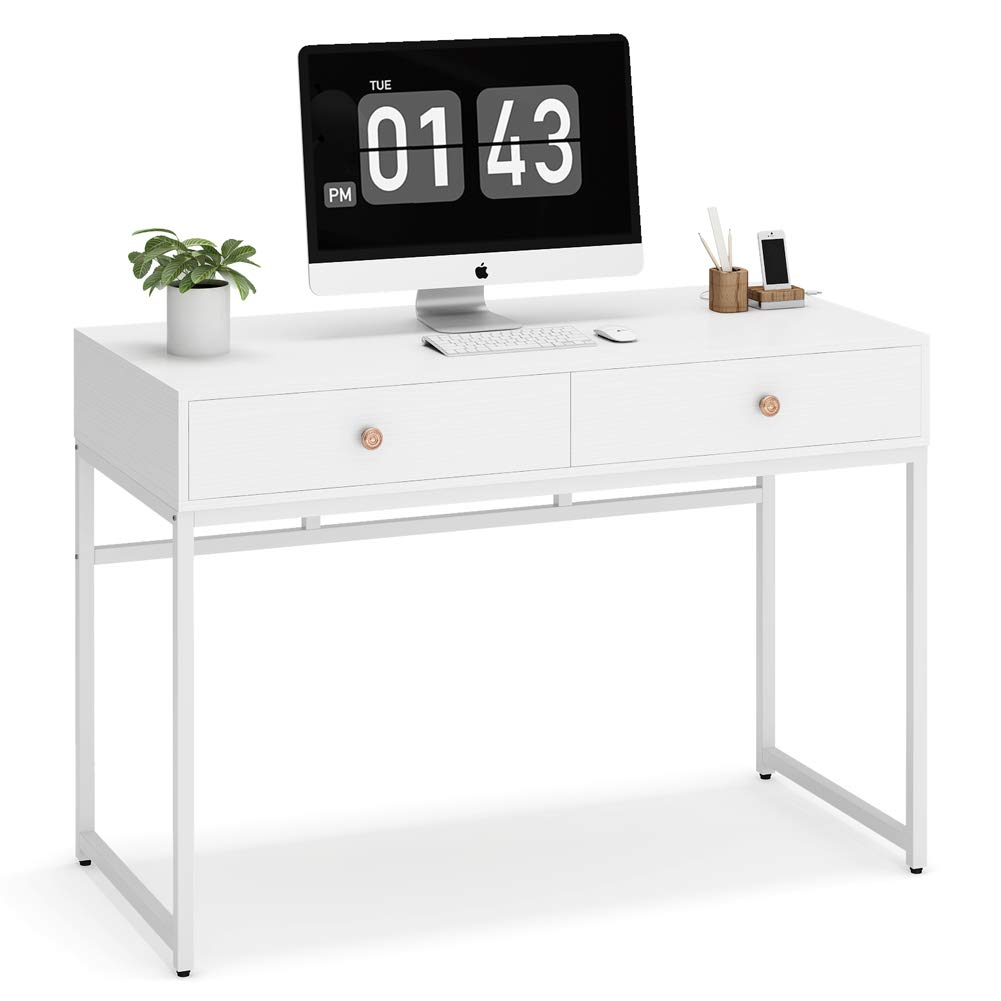 Tribesigns Computer Desk, Modern Simple 47 inch Home Office Desk Study Table Writing Desk with 2 Storage Drawers, Makeup Vanity Console Table White