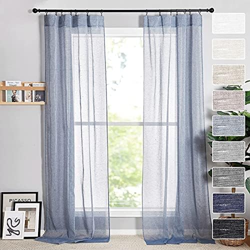 RYB HOME Extra Long Sheer Curtains 108 inches, Faux Linen Curtains Farmhouse Window Decor Light