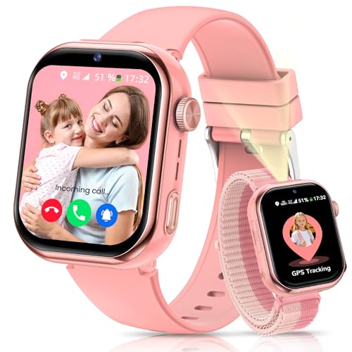 4G Reloj Inteligente Niños con gps y Videollamada, Smartwatch Niños con llamadas, Chat de Voz, SOS, Modo Escuela, Despertador, IP68, Linterna, Podómetro, Flashcard, Regalo para Niños Niñas, Rosa
