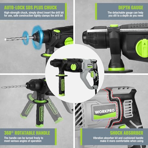 WORKPRO SDS Plus 1050W Hammer Drill with 4 Functions, Variable Speed and 360° Rotating Handle, Includes Drill Bits for Concrete, Wood and Metal