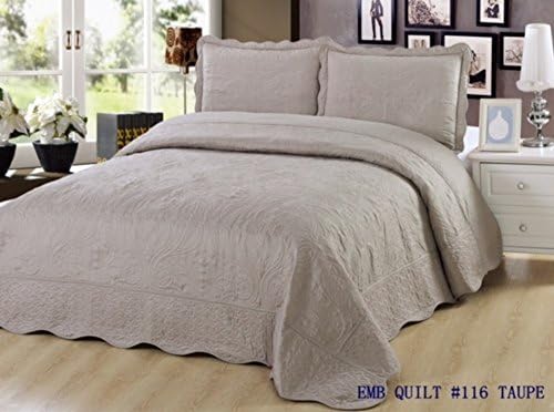 Quilt King Size 3 Piece Embroidered Bed set / Bedspread / 2 Pillow Sham (Taupe)