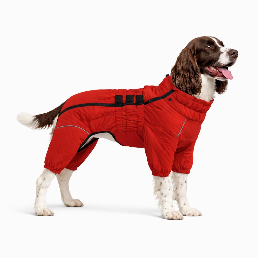 Warm Dog Coat Double Layers Dog Vest, 4 Legs Covered Windproof Waterproof Reflective, Red XL