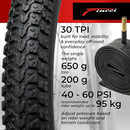 Fincci MTB 26 Tyres – Folding Tyre Set 26 x 2.1 Inches Inner Tube 26 x 2 x Schrader, Pair Cupar 26 Bike Tyres, for Mountain Bike, Racing Bike, Full Electric Bicycle 57-559