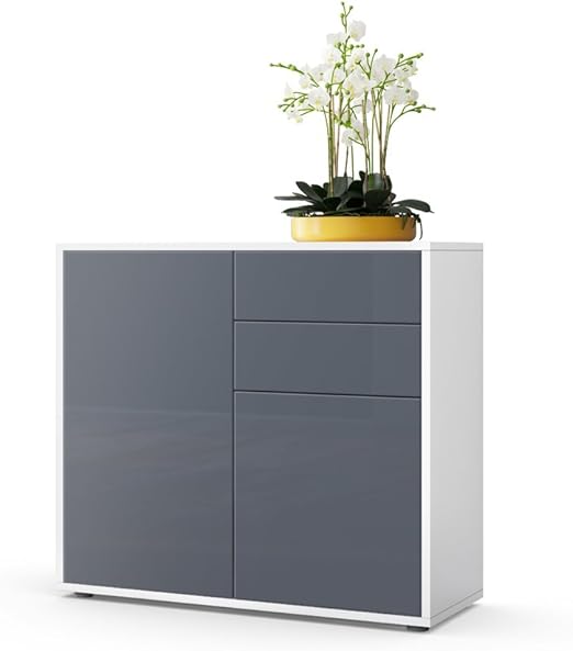 Vladon Commode Buffet Ben Corps En Blanc Matfaçades En Gris Haute Brillance