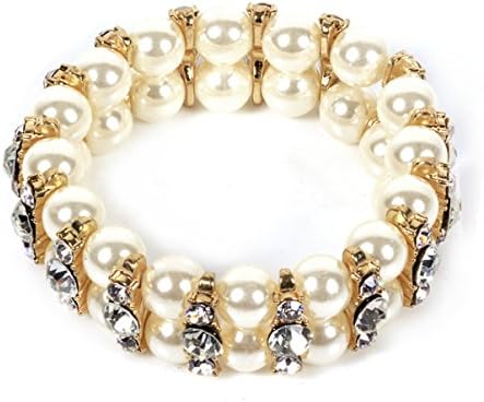 VK Accessories Pear Double Rows Bracelet Stretch Crystal Bangle White Pearl Gorgeous Gold Plated Boho Bracelet