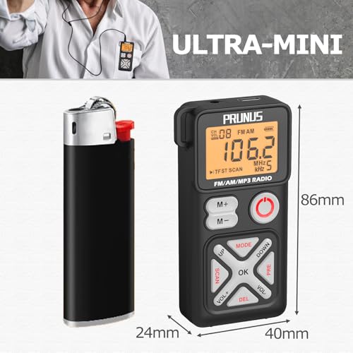 PRUNUS J-988 FM/Am Digital Radio with Manual Preset, Small Portable Radio with Headphone/TF Card Slot, USB-C Charging, Pocket Radios with Back Clip for Walking, Traveling