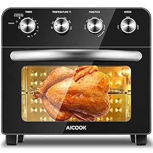 Aicook Air Fryer Toaster Oven 23L Convection Mini Oven Electric with Rotisserie and Grill Function, 4 Knobs Control Easy to Use, 6 Accessories & 75 Recipes Included, 1700W