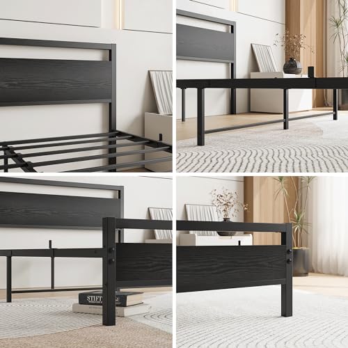 HOJINLINERO Queen Bed Frame with Wood Headboard,Metal Platform Bed Frame Queen Size with Storage No Box Spring Needed,Heavy Duty Queen Size Bed Frame Metal Slats Support Mattress Base No Noise,Black