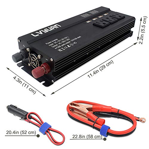 Cantonape 1000W/2000W(Surge) Car Power Inverter DC 12V to 110V AC with 5 Outlets, 4 USB Ports and Input Output LED Display