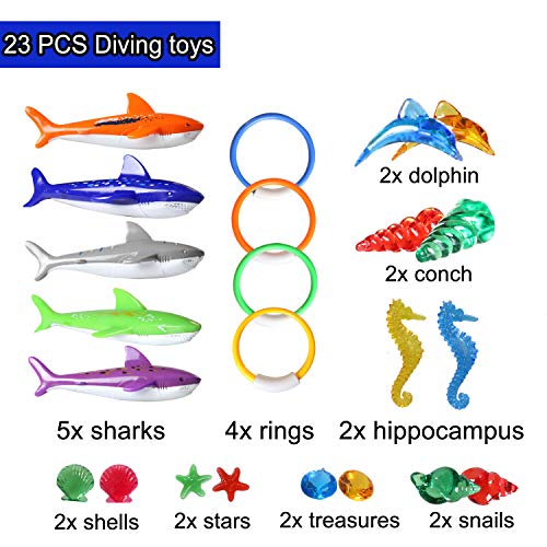 Blasoul 23 Pack Diving Pool Toys Underwater Swimming/Diving Pool Toy Rings for Kids Includes 4 Diving Rings,5 Shark Pool Toy,14 Shining Underwater Dive Gem Pool Toy Set Non-Toxic Safe for Kids