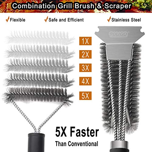 POLIGO Grill Brush and Scraper with Deluxe Handle - Safe Wire Stainless Steel BBQ Brush for Gas Infrared Charcoal Porcelain Grills - Best Gift BBQ Grill Cleaning Brush for Grill Wizard Grate Cleaner - Thumbnail 4