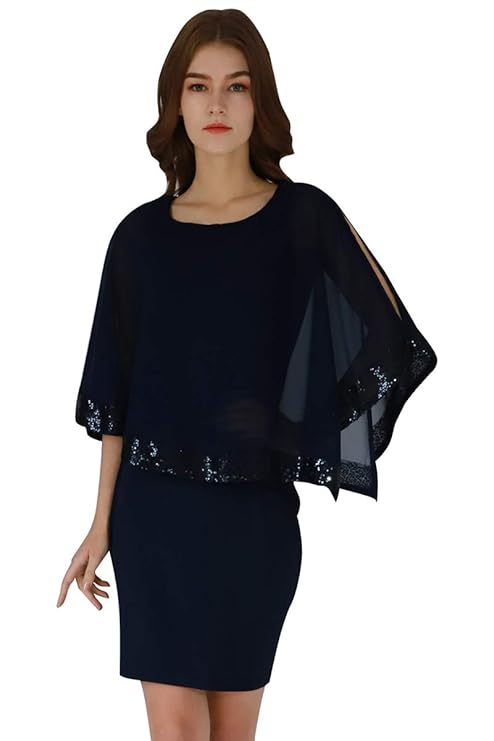 YMING Damen Cocktail Kleid mit Chiffon Poncho Partykleid Kleid für Büro Minikleid