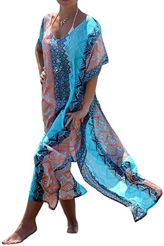 Luckygogo Women's Swimwear Cover up Caftan Beach Long Dress Turkish Kaftans Swimsuit Cover up Print Chiffon Rayon Swimwear (Printing-Blue)