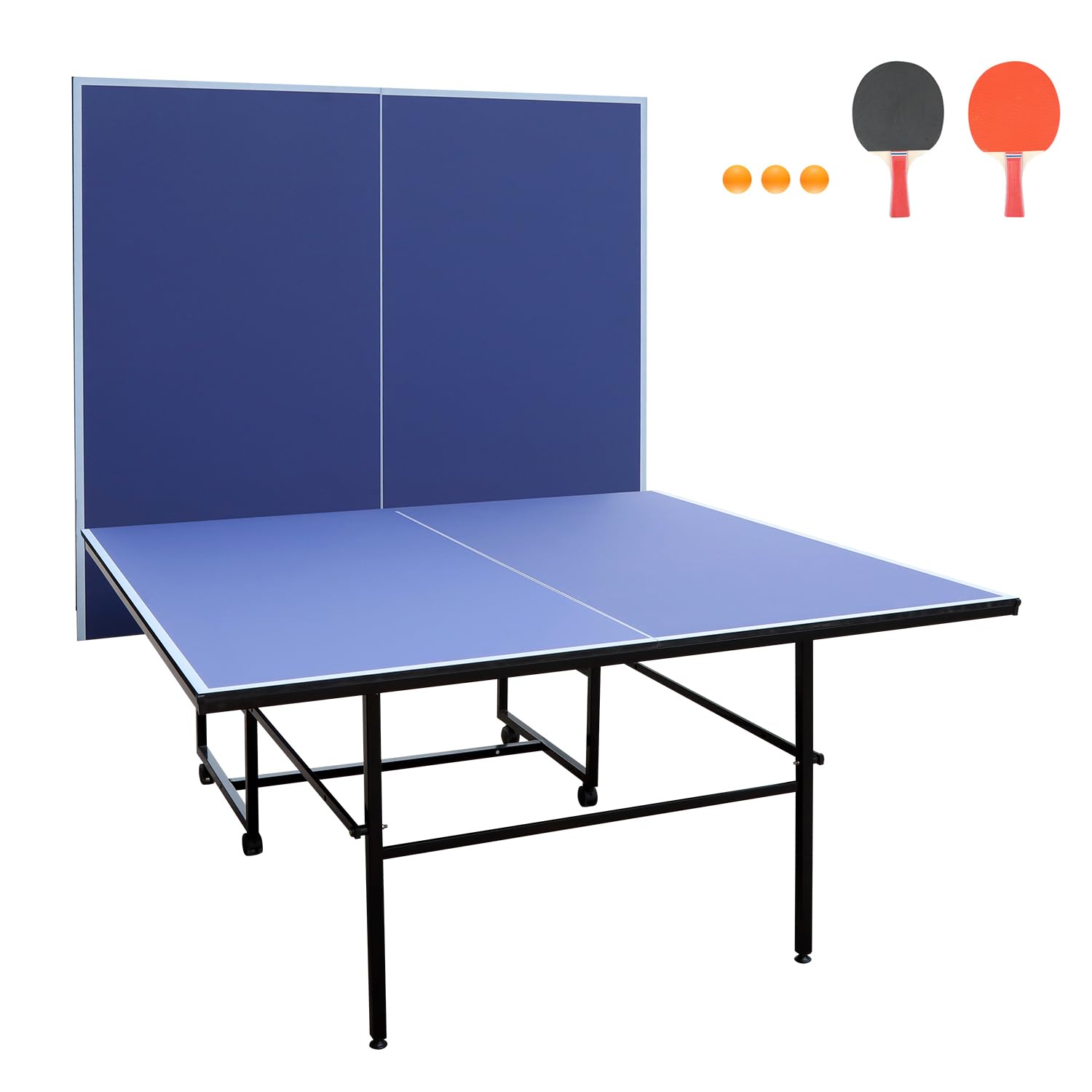 Photo 1 of Professional Table Tennis Table, Foldable Ping Pong Game Set for Indoor, 8FT 9FT Single Player Playback Mode Ping Pong Table with Net and Post Set, 2 Paddles and 3 Balls (Blue-9FT)