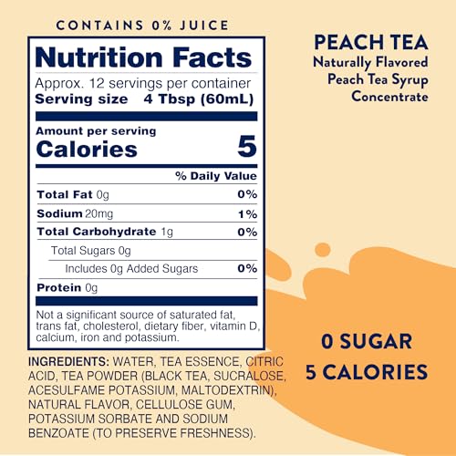 JORDAN’S SKINNY MIXES SUGAR FREE SYRUP, PEACH TEA FLAVOR, FLAVORED WATER ENHANCER, DRINK MIX FOR ICE TEA, LEMONADE & MORE, ZERO CALORIE FLAVORING, KETO FRIENDLY, 25.4 FL OZ, 1 PACK