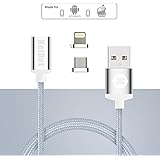 Netdot Magnetic Braided USB Charging Cable with 1 Lightning Adapter and 1 Micro USB Adapter for Android and iPhone Device (Silver)