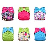 One Size Reusable Charcoal Bamboo Cloth Pocket Diapers, 6-pack Bundle Set + 12 Inserts (Girl Prints)