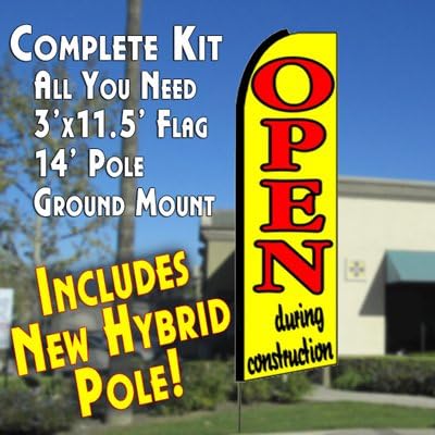 OPEN DURING CONSTRUCTION (Yellow) Flutter Feather Banner Flag Kit (Flag, Pole, &amp; Ground Mt)