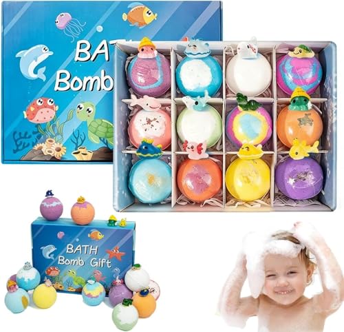 Bath Bombs with Toys Inside, 12PCS Animal Bath Bombs Set for Boys Girls, Cute Kids BathsBomb Toys with Plant Extracts, Marine Terrestrial Animal Baths Salt Balls, for Kids Gift