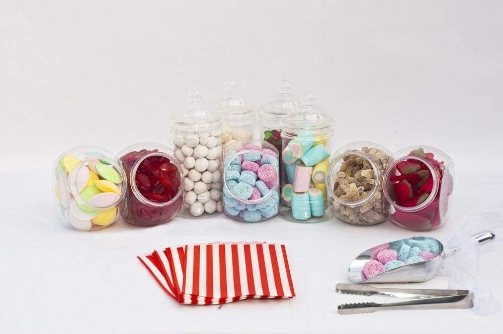 Wedding Sweet Table Kit: x10 Jar, x2 Tongs & 100 Candy Stripe 5"x7" Sweet Bags (Choose Sweet Bag Colour: Pink Blue Purple Red Green Grey Black Yellow) Candy Bar Buffet (Red Sweet Bags x100)