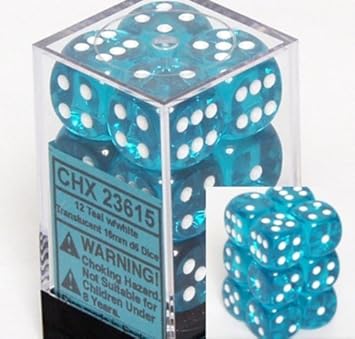 Chessex Dice d6 Sets: Teal with White Translucent - 16mm Six Sided Die (12) Block of Dice