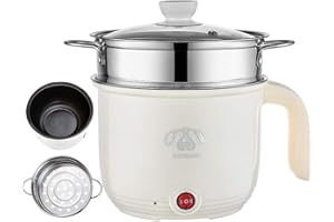 Wxvimi Electric Noodle Pot,Electric Cooking Pot,Rapid Noodles Cooker,1.8L Electric Ramen Cooker with Steamer,Non-Stick Mini Hot Pot Electric,Suitable for Pasta,Dumplings,Eggs,Soup,Porridge(Khaki)