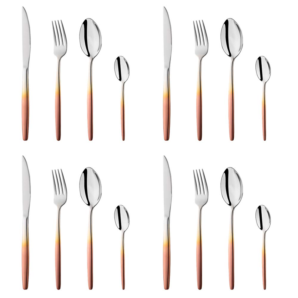 BISDARUN Stainless Steel Flatware Rose Gold Coloured Handle Cutlery Set 16 Piece Silverware Tableware Set Service for 4, Spoon Fork Knives for Party Outdooor Camping Travel, Dishwasher Safe