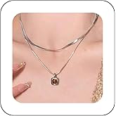 Andelaisi Boho Layered Opal Square Pendant Necklace Vintage Geometric Square Necklace Silver Amber Square Choker Necklace Adjustable Gemstone Snake Chain Necklace Jewelry for Women