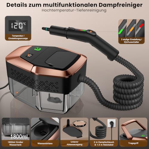 GalhanEhe 14 in 1 Steam Cleaner, 3 Levels Adjustable Handle, Temperature Display, 15s in Heating, 1.8L Tank, for Kitchen, Bathroom, Car and Furniture (Black and Gold)