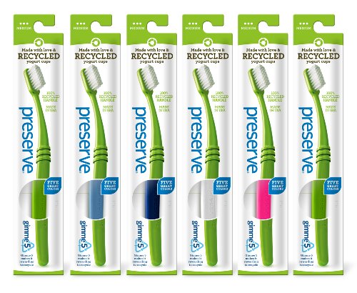 Preserve Toothbrushes in Lightweight Pouch, Medium Bristles, 6-Count (Colors Vary)