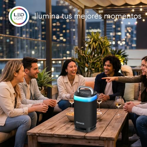 Aiwa Bocina Portátil Bluetooth TWS, Potencia 600W PMPO (60W RMS), Party 360°, Sonido Envolvente, Resistencia al Agua IPX5, Luz LED Multicolor, Batería Recargable y Función de Carga, AWS68BT