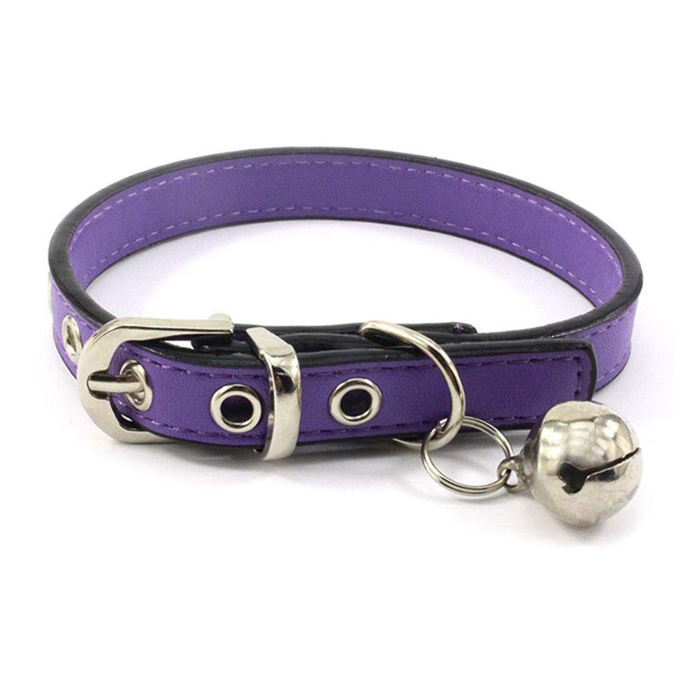 Accod Pet Leather Collar with Bell Classic Pet Bell Collar for Small Dogs or Cats,Neck Adjustable 22-28CM 1.3CM Wide,Puppy Dog Cat Collar(Purple)