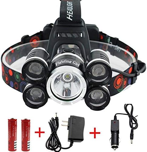 Waterproof 12000 Lumen 5 Led Headlamp XML T6+4Q5 Head Lamp Powerful Led Headlight,18650 Rechargeable Batteries, Car Charger, Wall Charger and USB Cable
