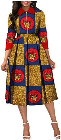 African Ankara Print Women Dresses Three Quarter Sleeve Calf-Length Zipper A-line Wax 100% Batik Cotton Made AA7225124