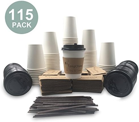 Set of 115 - Paper Coffee Cups 12oz/350ml, Lids, Sleeves &amp; Stirrers – Disposable Paper Cups - to go Coffee Cups, Hot Coco ,Tea &amp; Chocolate