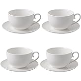Feenmai 12 oz Cappuccino Cups with Saucers, Ceramic Espresso Coffee Cups Set of 4, White Latte Cup and Saucer, Elegant Tea Mugs Set, Microwave Dishwasher Safe Drinkware for Cafe, Housewarming Gift