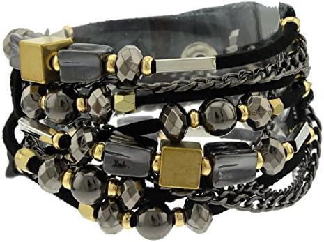 NAKAMOL 5 STRAND BEADED SUEDE, 2 TIME WRAP SNAP BUTTON BRACELET