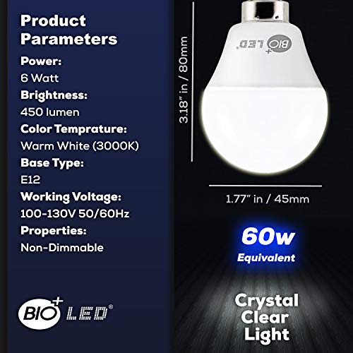 Bioled 6 Pack E12 6W (60Watt Equivalent) Warm White 3000K LED Light Bulbs, Small Base, A15 LED Golf Ball Globe, Ceiling Fan Light Bulbs, Candelabra led Bulbs, G14 Lightbulbs, Chandelier Light Bulbs
