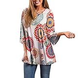 Floral Print Blouses Women Loose Plus 3/4 Sleeved V-neck Casual Tunic Tops White XX-Large