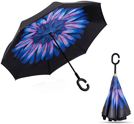 Lepapillon Double Layer Reverse Umbrella UV and Windproof Protection Inverted Umbrella for Car and Outdoor Traveling Self Standing with C-Shaped Handle and Carrying Bag (Blue Drops)
