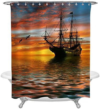 MitoVilla Vintage Sailboat Shower Curtain Set with Hooks, Cruise Ship Sailing in the Ocean with Sunset Following by the Seagull Birds Bathroom Decor, Waterproof Bathroom Accessories, Gold, 72 W x 72 L