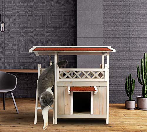 Scurrty Wooden Cat House 2 Story Outdoor Indoor Cat Condo with Stair Waterproof - Thumbnail 5