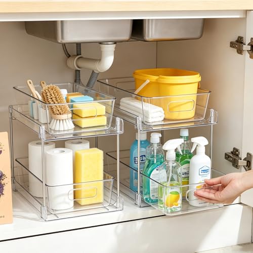 Juego de 4 Organizadores de Cocina Transparentes, 2 Niveles de Organizador de Baño Deslizante, Estantes de AcríLico Organización de Despensa para Despensa, Cocina, Dormitorio, Baño