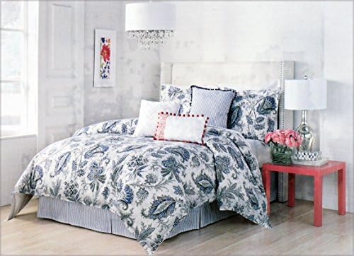 Raymond Waites 3 Piece Queen Cotton Duvet Cover Set Jacobean Floral Pattern in Shades of Blue on an Off-White Jacquard Textured Background